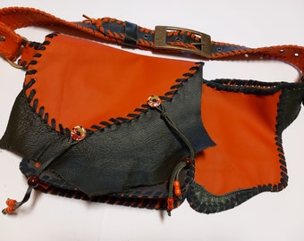 Belt bag, genuine leather, orange and green, flexible circumference