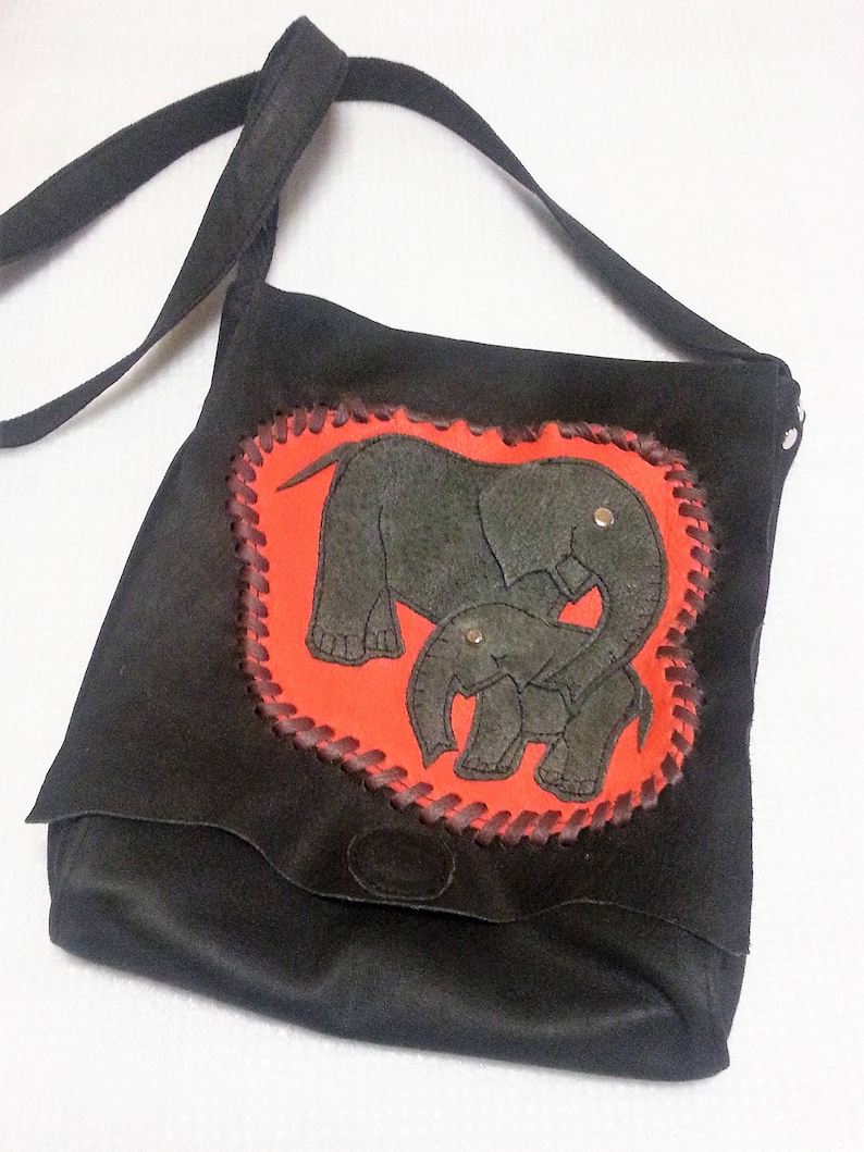 Dark brown, simple, smaller leather shoulder bag, with elephants image 1