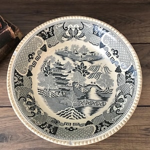May include: A round, antique ceramic plate with a black and white Willow pattern design. The plate features a detailed landscape scene with pagodas, trees, and a bridge. The rim has a decorative border. The plate is set against a wooden surface.