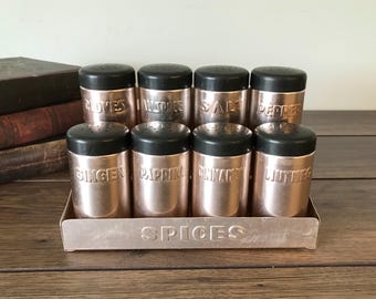 Vintage 1950’s Nasco Italy Copper Coated Aluminum Spice Set With Rack