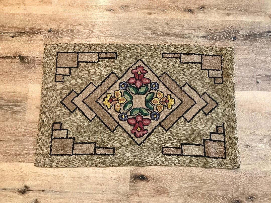 Rectangular Hooked Rugs Antique 1920 Rectangle Floral & Geometric Hand Hooked Rug, Nova Scotia ...