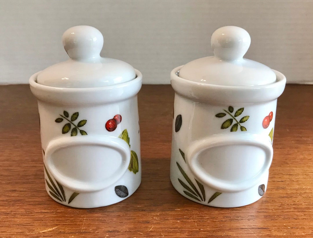 Vintage Ceramic Spice Jars With Red Berry & Green Foliage Design, Set