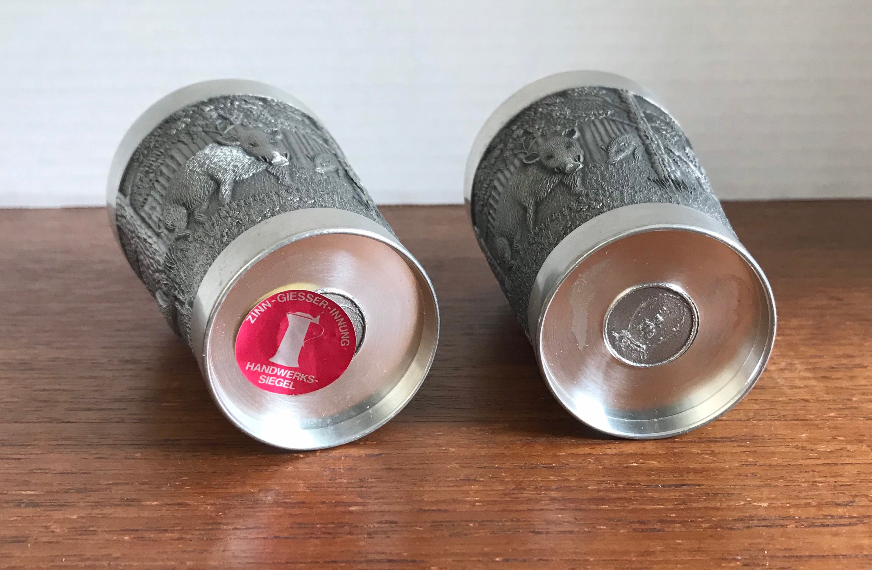 Vintage Zinn German Pewter Cups, Set of 2, Embossed Deer