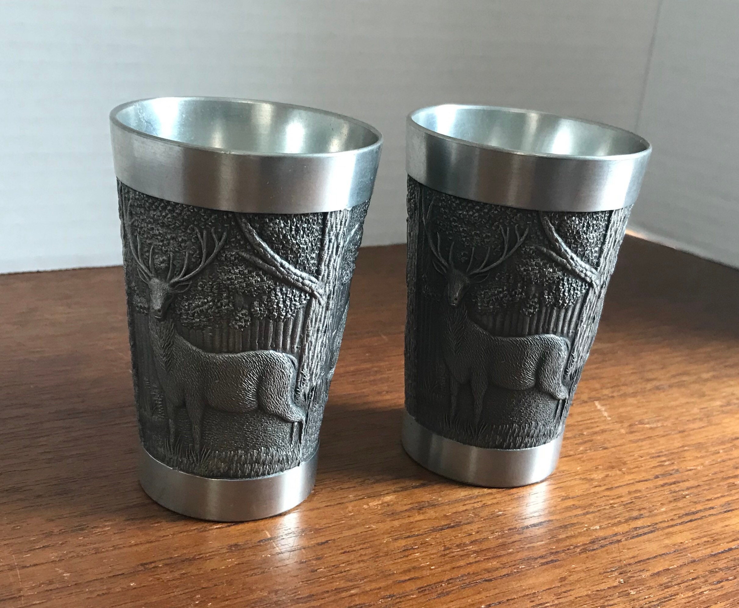 Vintage Zinn German Pewter Cups, Set of 2, Embossed Deer