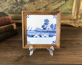 Vintage Framed Hanging Belgium Belga 156 Delft Blue White Tile, Boats On Water With Rural House