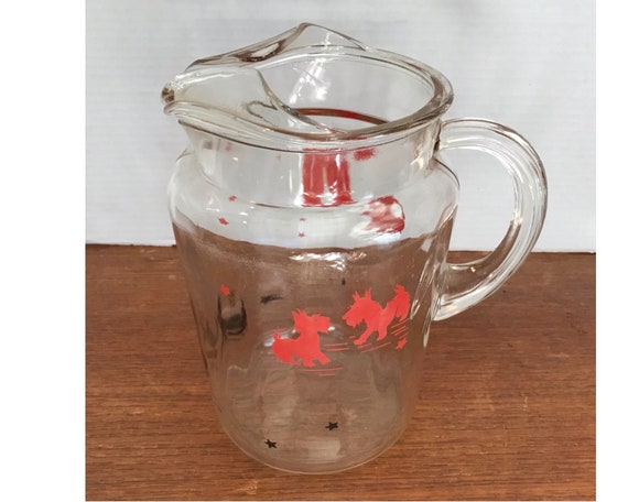 1940s Scottie Dog Clear Glass Pitcher, Red & Black Scottie Dogs and Stars,  Ice Lip Spout, Heavy Clear Glass, Vintage Serving Pitcher, MCM 