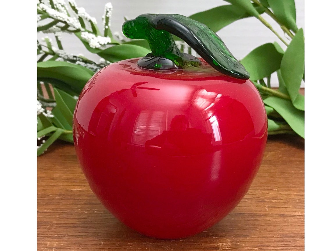 Blown Glass Apple, Red Apple and Green Leaf/stem, Murano Italian Style ...