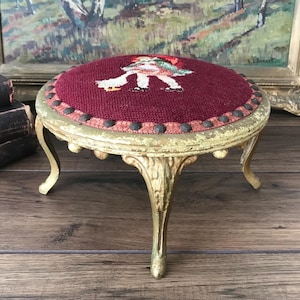 Antique Needlepoint Foot Stool, Little Girl With Red Umbrella & Duck, Metal Legs, Late 1800’s to 1916
