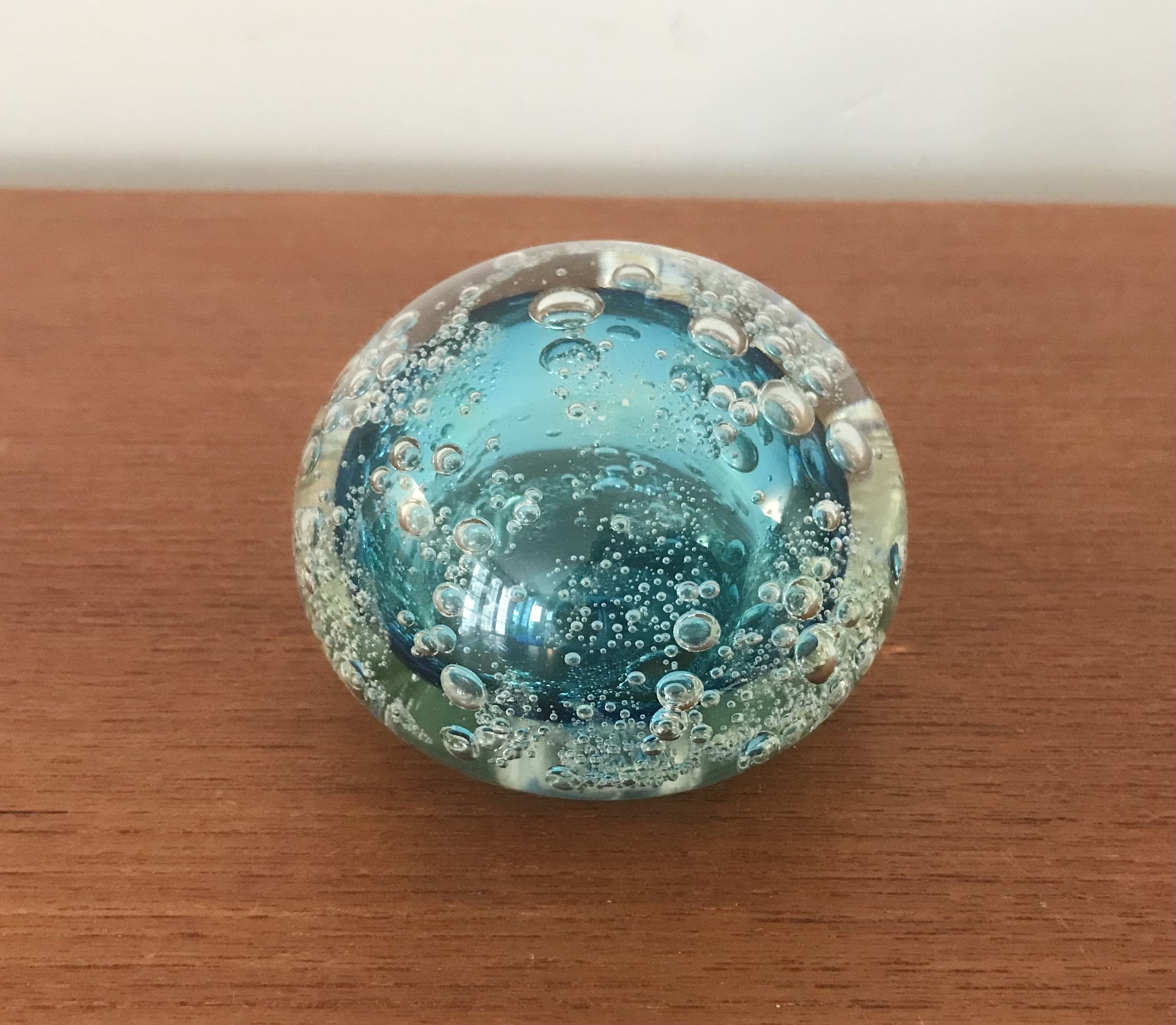 Vintage Edward Roman Art Glass Paperweight, Blue And Clear Art Glass With Interior Bubbles, Signed Edward Roman, Mid Century Paperweight
