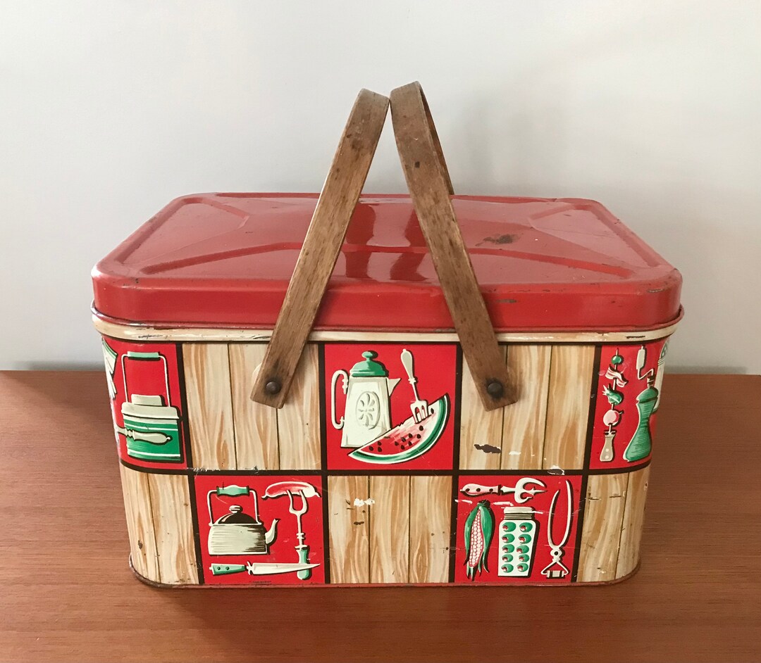 1950s Decoware Metal Picnic Basket, Fun Kitchen Themed Images, Double