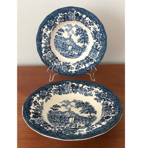 Vintage Royal Worcester 1790 Avon Scenes Palissy Soup Bowls, Set of 2 Soup Plates, Vintage 1950’s, Made In England