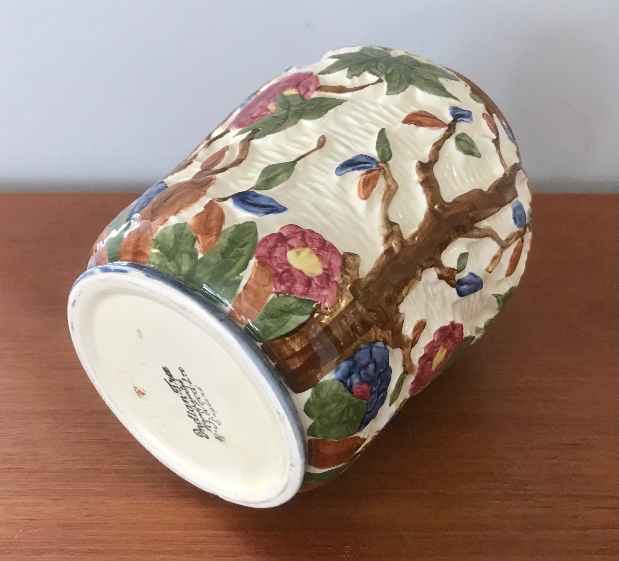 Indian Tree Pottery Vase: Hand-painted Floral Relief, H J Wood Ltd 