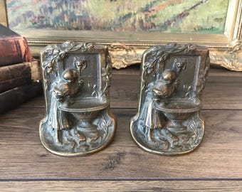 Antique Art Nouveau Cast Iron Bookends, Maiden Drinking At Fountain, Brass Patina