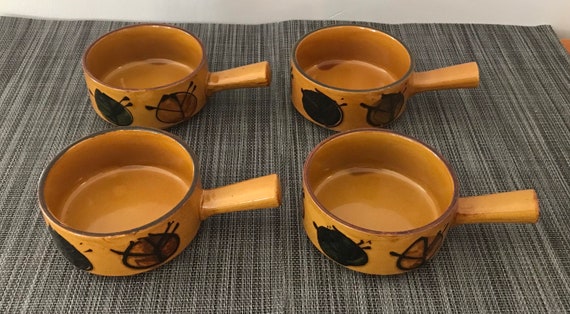 Soup Bowls with Handles and Lids Ceramic Polka Dot Set of 2 Orange