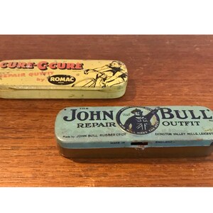 Vintage Bicycle Tire Repair Kit Tins, Cure-C-Cure By Romac Repair Kit Yellow Tin (REMAINING), John Bull Repair Outfit Tin (SOLD)