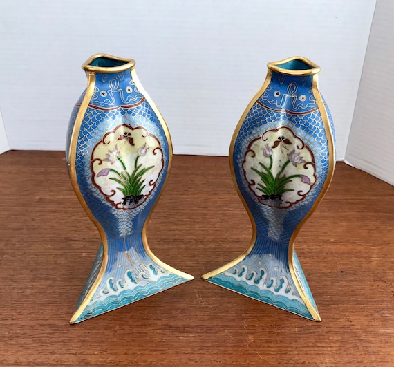 Ultra Rare Pair Of Chinese Cloisonne Triangle Jumping Fish Shaped Vases, Estimated 1920's, Blue Cloisonne With Gold Accents, Mirrored Scenes