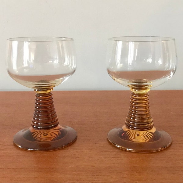 Vintage Roemer Amber Stem Wine Glasses, Pair Of German Roemer Glasses, Ribbed Amber Stem Glasses, Vintage 1970’s