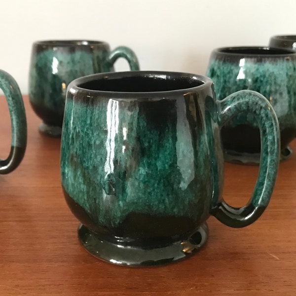 Vintage Blue Mountain Pottery Drip Glaze Mugs, Set of 5 Mugs, Teal & Black Drip Glaze, 1950’s to 1970’s, Round Pedestal Base, Made In Canada