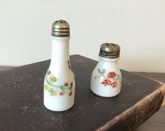 Vintage White Milk Glass Salt And Pepper Shakers, Flower Relief Design