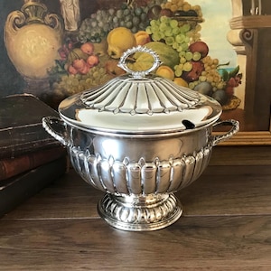 Vintage Silver Plate Double Handled Pedestal Base Soup Tureen, Resilco Of Sheffield England