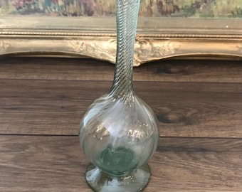 Vintage Hand Blown Teal Green Glass Bud Vase: Spiral Twist Pedestal