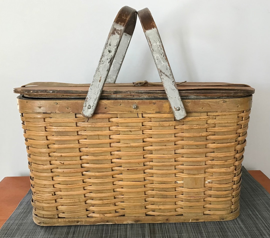 1940s Wicker Hawkeye Picnic Basket, Metal refrigerated Interior, Wood