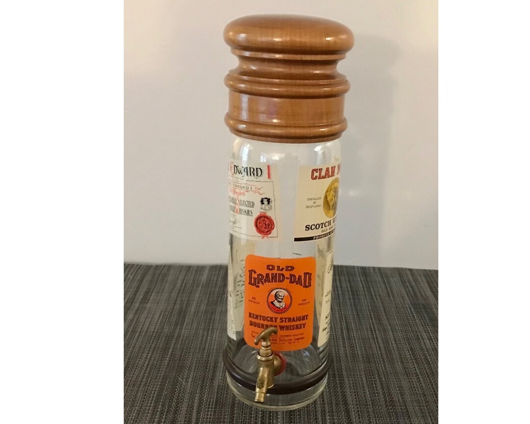 Vintage Whisky Dispenser With Wood Cap, Brass Tap, Various Whisky