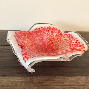 Vintage Murano Art Glass Bowl: Speckled Red on White, Curled Edges