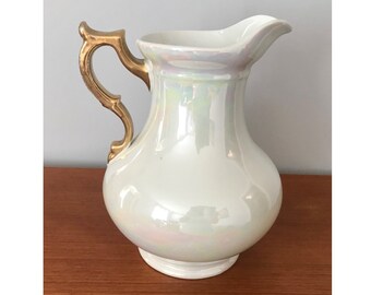 Victorian Pearlized Iridescent Wash Bowl Pitcher, British Reg No 235970, Dated 1894,Hand Painted Gold Handle,1800’s Pitcher,Repurposed Vase