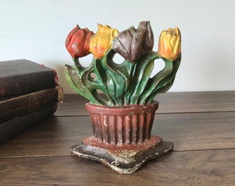 Antique 1920’s Albany Foundry? Cast Iron Potted Tulips Doorstop, Farmhouse Shabby Chic Decor