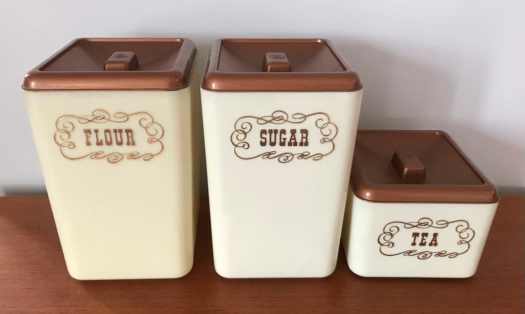 Vintage 1960s Plastic Kitchen Canisters, Set of 3 Canisters, off White
