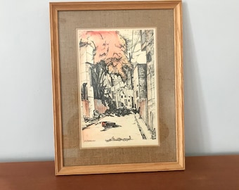 A. J. Maurius 1979 Watercolour Ink Painting, Quebec City Street Scene, Wood Frame