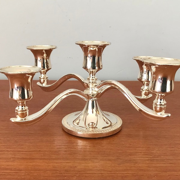 Vintage Silver Plate Candelabra, 5 Candle Candelabra, Raised Relief Design On Base, Felt Padded Base, 4 Arms 1 Centre Candle Sconce