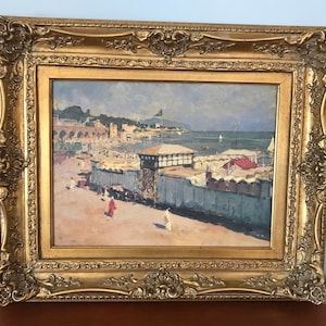 Mid Century Mediterranean Sea Side Scene Picture, Canvas Transfer Print With Acrylic, Medium Sized Painting 23” x 7”, Ornate Gold Wood Frame