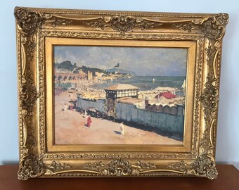 Mid Century Mediterranean Sea Side Scene Picture, Canvas Transfer Print With Acrylic, Medium Sized Painting 23” x 7”, Ornate Gold Wood Frame