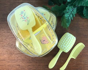 1960’s Infant’s/Baby’s Yellow Plastic Hairbrush & Comb Set, 3 Sets Available, Priced/Sold Individually, Hard Plastic Case,Soft Bristle Brush