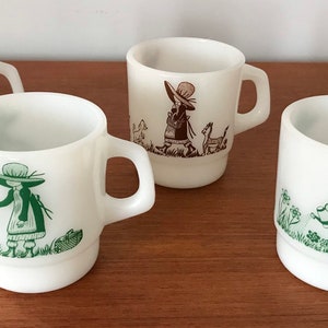Vintage 1970’s Holly Hobbie Stacking Milk Glass Mugs, SOLD SEPARATELY, 3 Green & 1 Brown Holly Hobbie Images, Made by Termocrisa