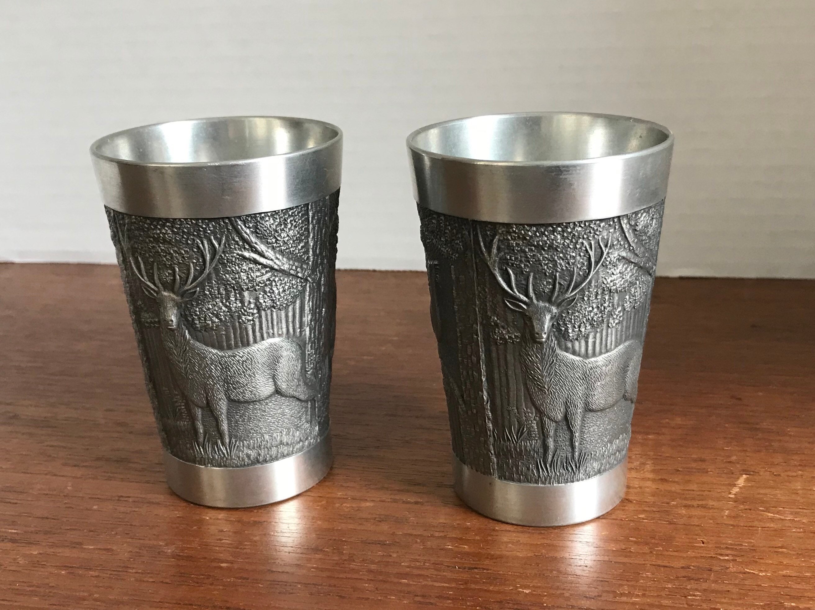Yien-ink SCHONBORNERBLEIKRISTALL 菓子器 Vintage Zinn German Pewter Cups, Set of 2, Embossed Deer