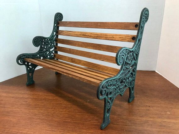 Vintage Cast Iron Wood Doll Park Bench Green Flower And Etsy