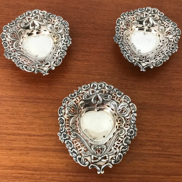 Victorian George Nathan & Ridley Hayes Sterling Silver Nut Dishes, Set of 3,Scroll And Pierced Design,Chester And Birmingham Hallmarks, 1896