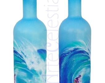 Hand-painted Sufer and waves glass bottle