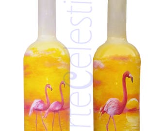 hand painted flamingos vodka bottle