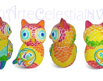 Celestial Owl in Orange & Yellow – Hand-Painted Decorative Art by Nicolás Vargas
