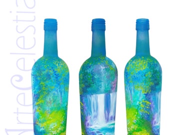 hand painted bottle with waterfall