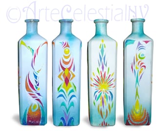 Hand-Painted Abstract Flowers Bottle – Blooming Color in Glass