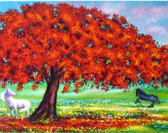 Crimson Canopy – Original Painting of a Flamboyant Tree by Nicolás Vargas
