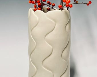 Handmade White Ceramic Vase, Wheel Thrown Sculptural Porcelain , Foam Impressed Design, Satin Glaze, Unique Flower Vase Gift