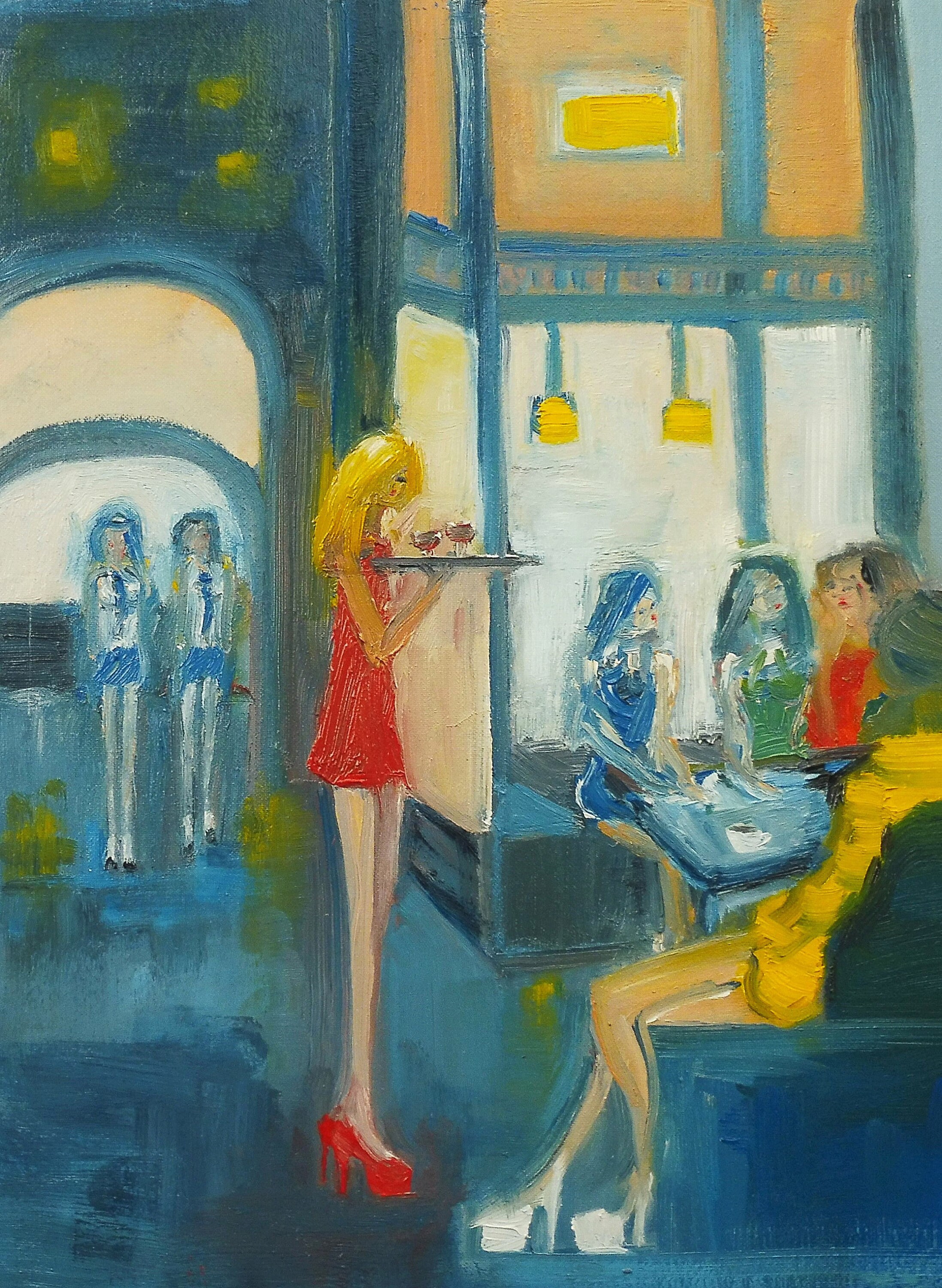 Oil Painting Varnished. GIRLS CAFE TREAT Red Wine Original Oil ...