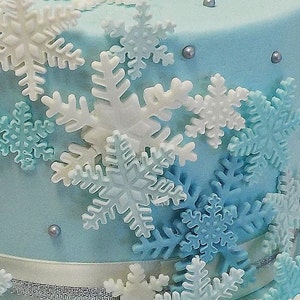 Fondant Snowflakes Qty 24 Edible Cake or Cupcake Toppers 1st Birthday Winter Snow Theme Lt. Blue Lt. Aqua White