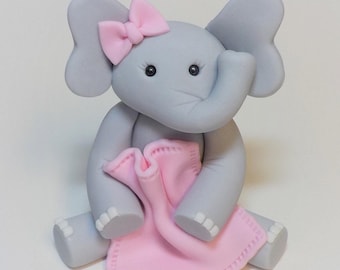Fondant Elephant Cake Topper: Pink Blanket, Bow - Baby Shower, 1st Birthday